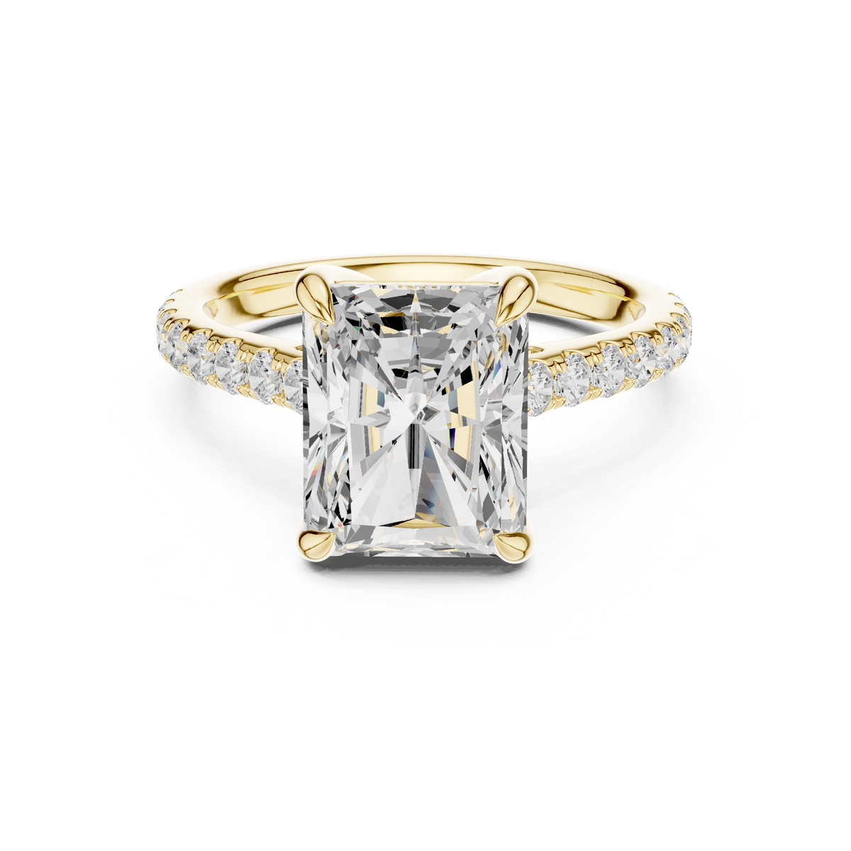 Radiant Cut Lab-Grown Diamond Proposal Ring with Hidden Halo and Pavé Band, Yellow Gold