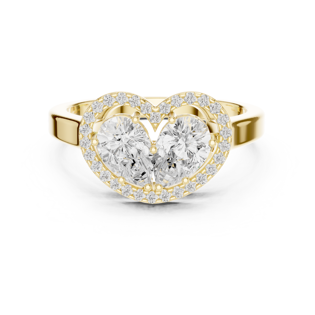 Pear Cut Toi et Moi Heart Halo Lab Grown Diamond Ring, Yellow Gold