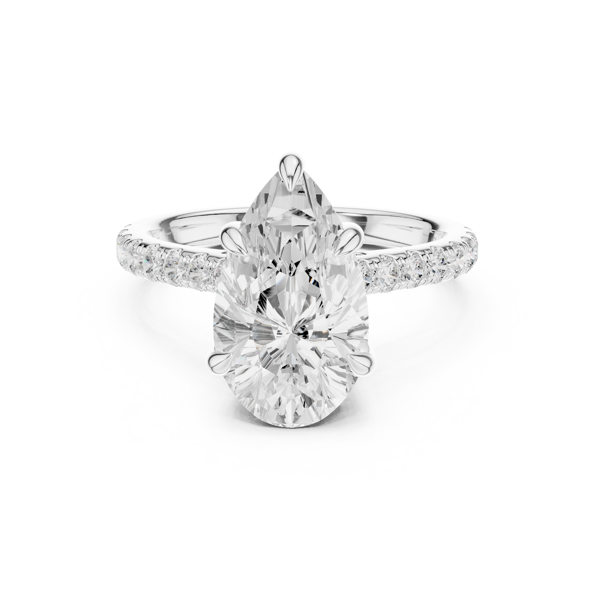 Pear Cut Lab-Grown Diamond Proposal Ring with Hidden Halo and Pavé Band, White Gold