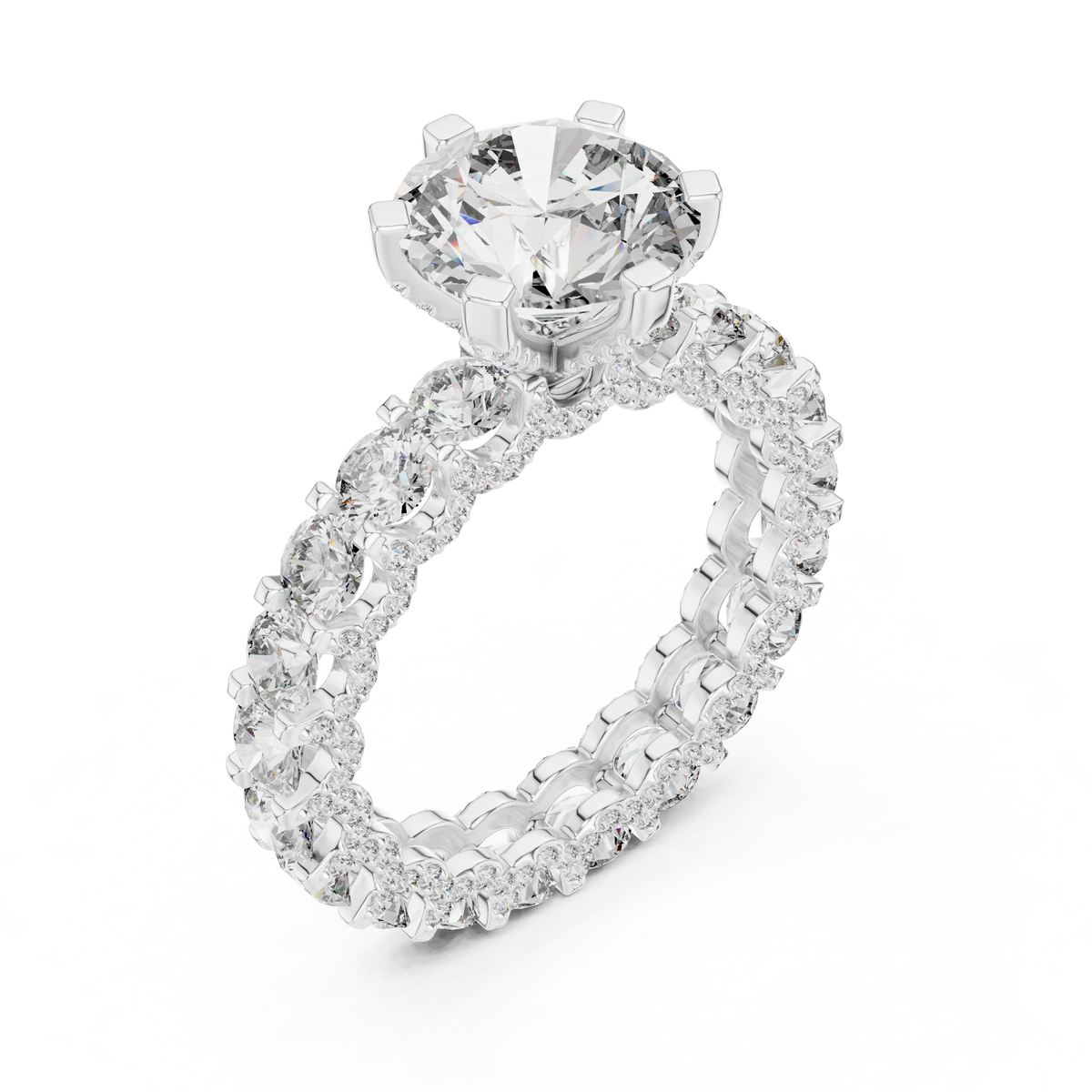2 CT Round Cut Lab Grown Diamond Pavé Band Ring with Diamond-Set Shoulders, White Gold