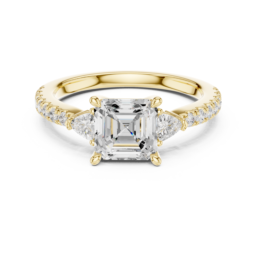 Asscher Cut Lab Grown Diamond Anniversary Ring with Trillion Side Stones, Yellow Gold