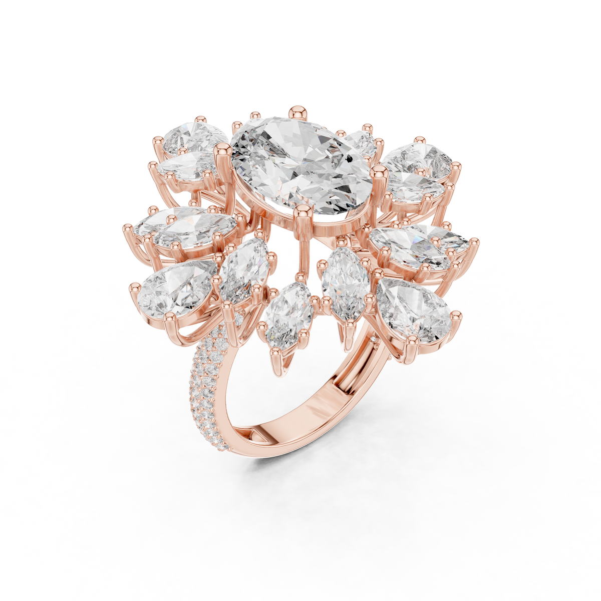 4 CT Oval Cut Floral Cluster Diamond Ring with Marquise & Pear Side Stones, Rose Gold