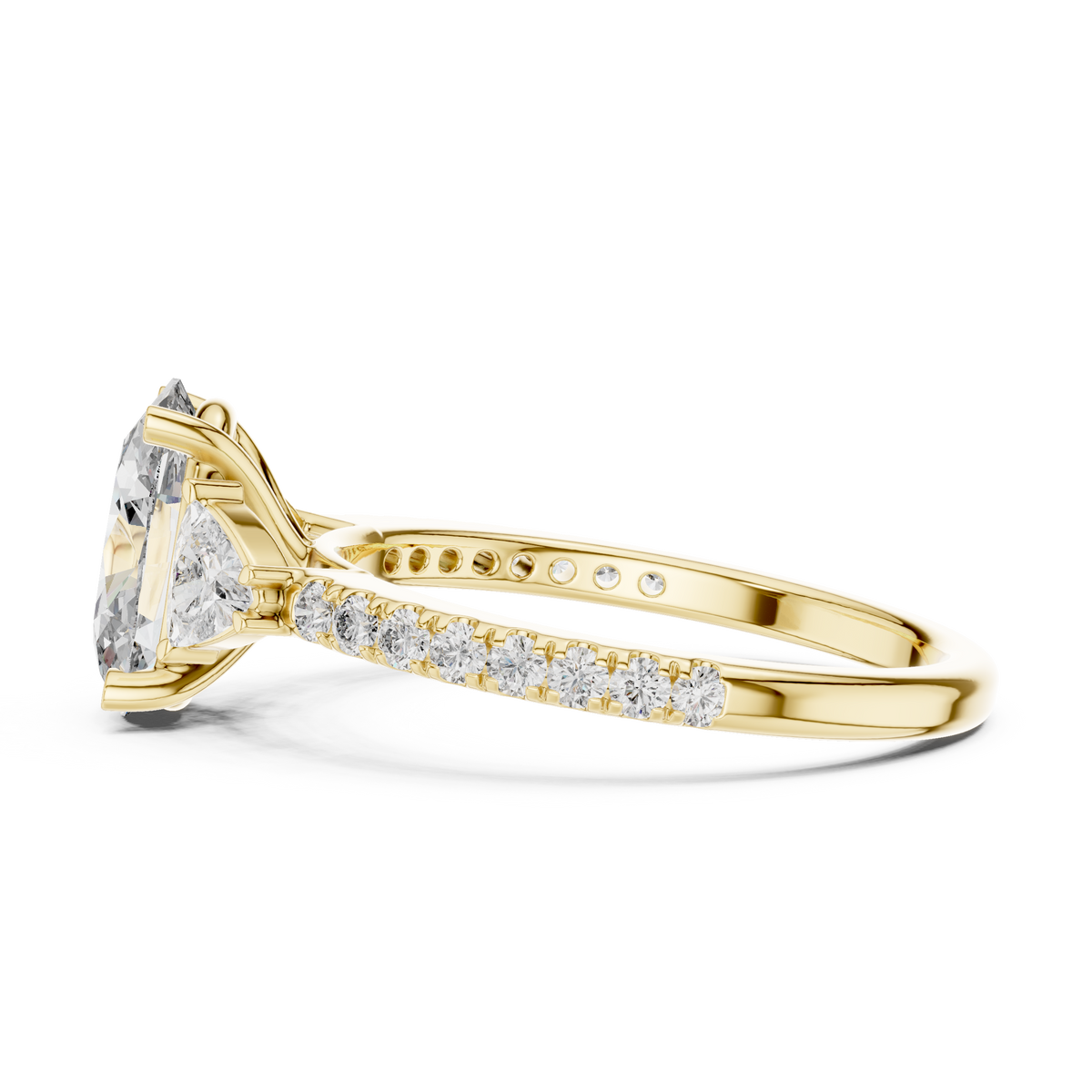 2.00 CT Oval Lab Grown Diamond Trillion Side Stone Ring, Yellow Gold