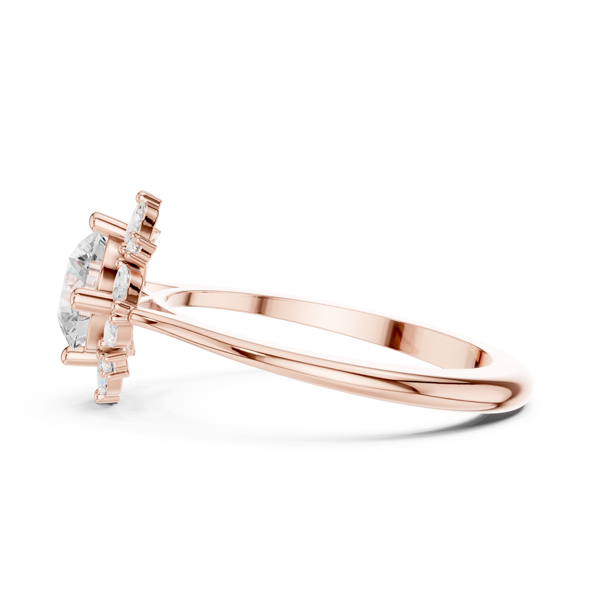 1.00 Carat Round Cut Lab Grown Diamond Marquise Floral Halo Ring, Rose Gold