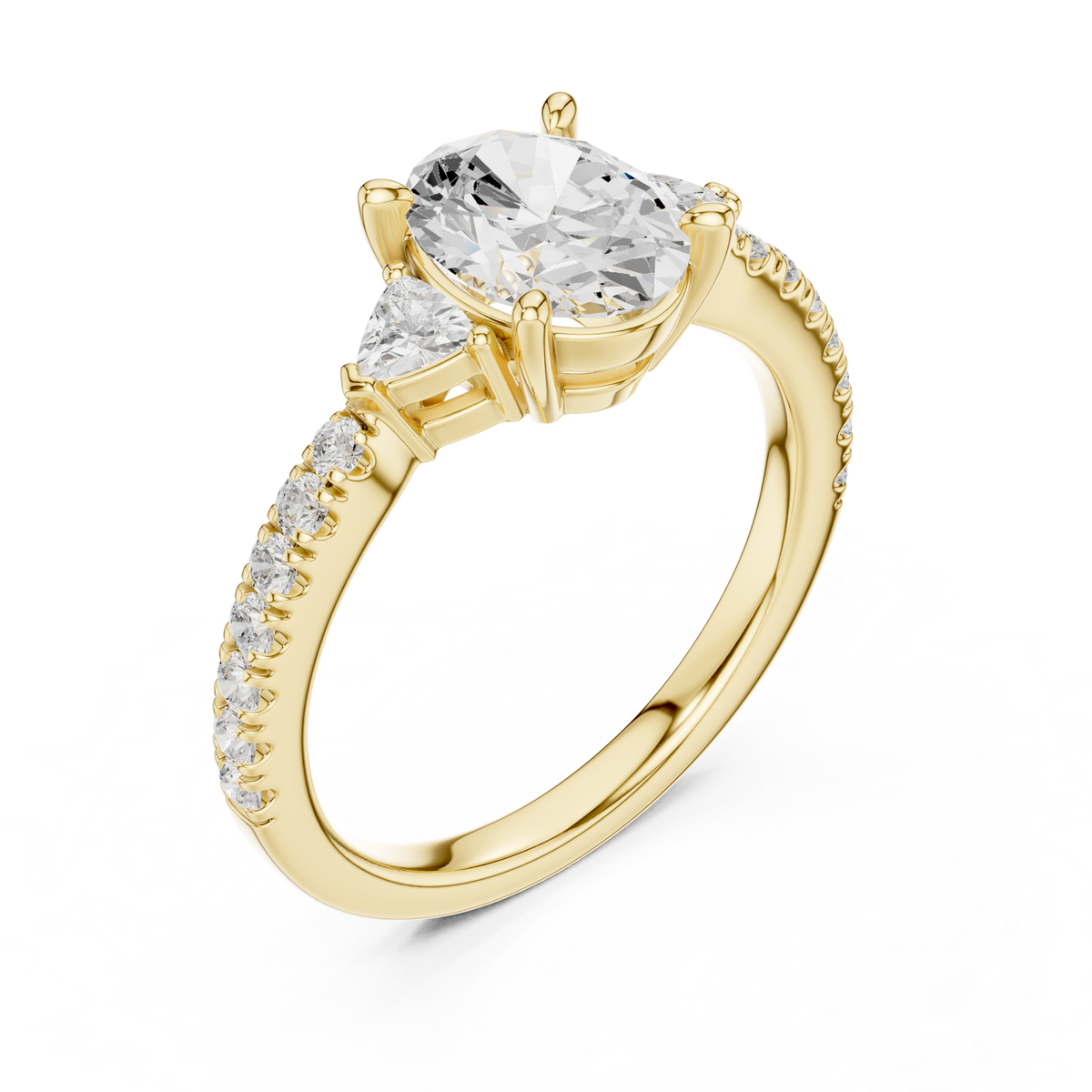 Oval Cut Lab Grown Diamond Proposal Ring with Trillion Side Stones, Yellow Gold