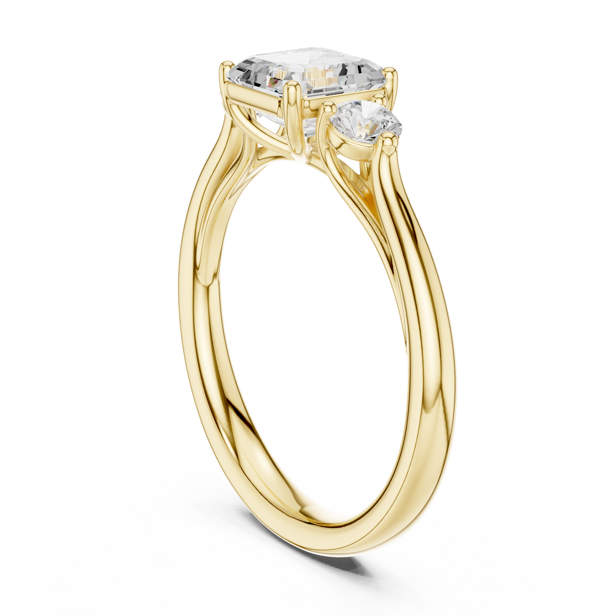 IGI Certified Asscher Cut Lab Grown Diamond Three Stone Ring, Yellow Gold
