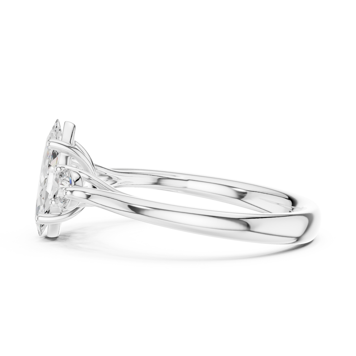 Marquise Cut Lab Grown Diamond Three Stone Ring with Round Side Stones, White Gold