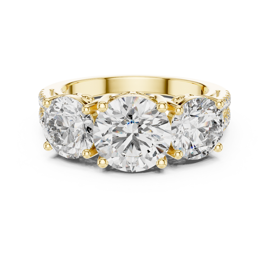 Round Lab Grown Diamond Three Stone Ring with Pavé Band, Yellow Gold