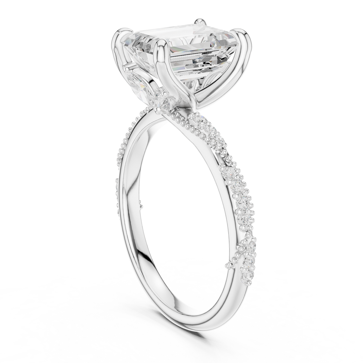 Emerald Cut Lab-Grown Diamond Engagement Ring with Marquise and Pavé Accent Band, White Gold