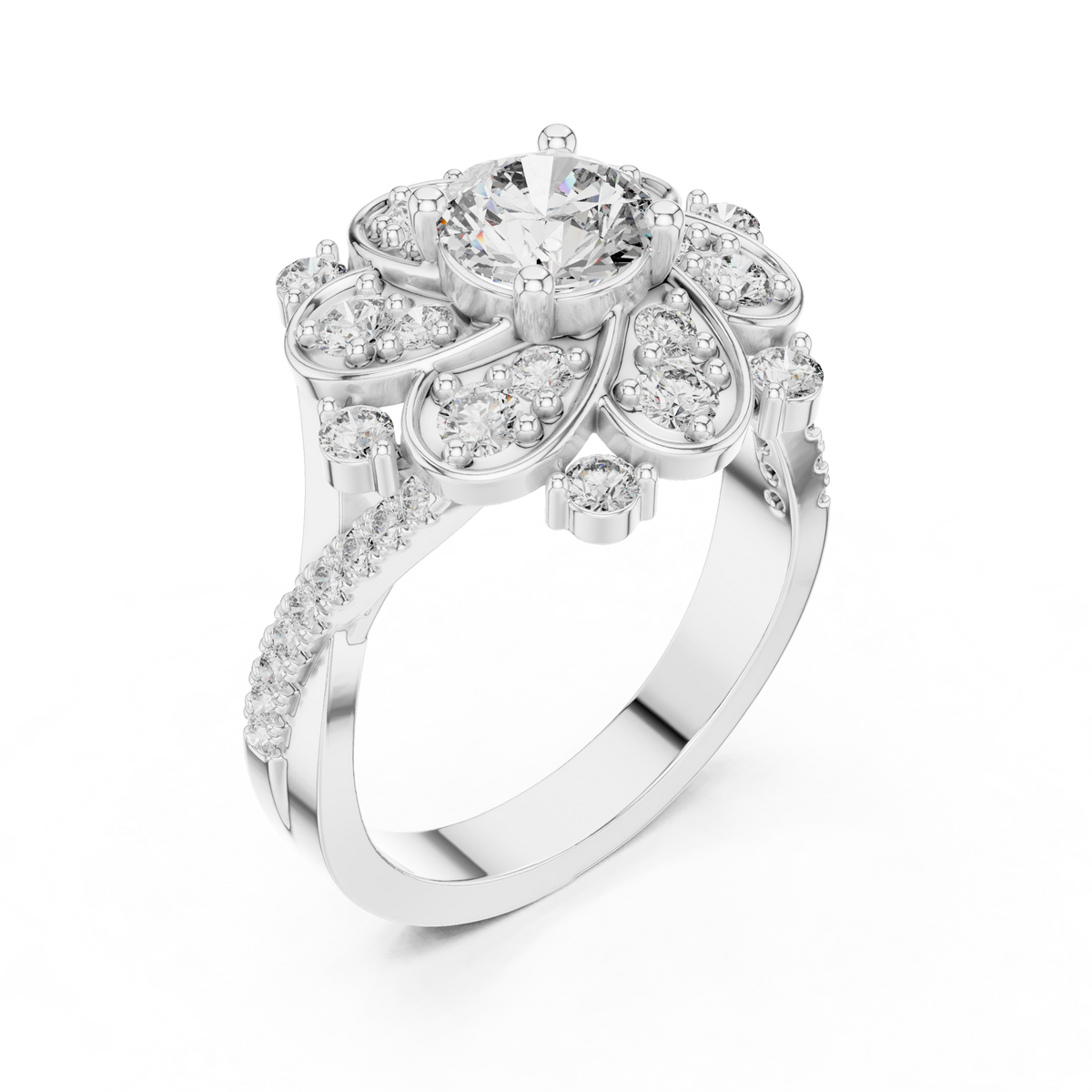 Lab Grown Diamond Floral Cluster Ring – 1.65 CT Round Cut, White Gold
