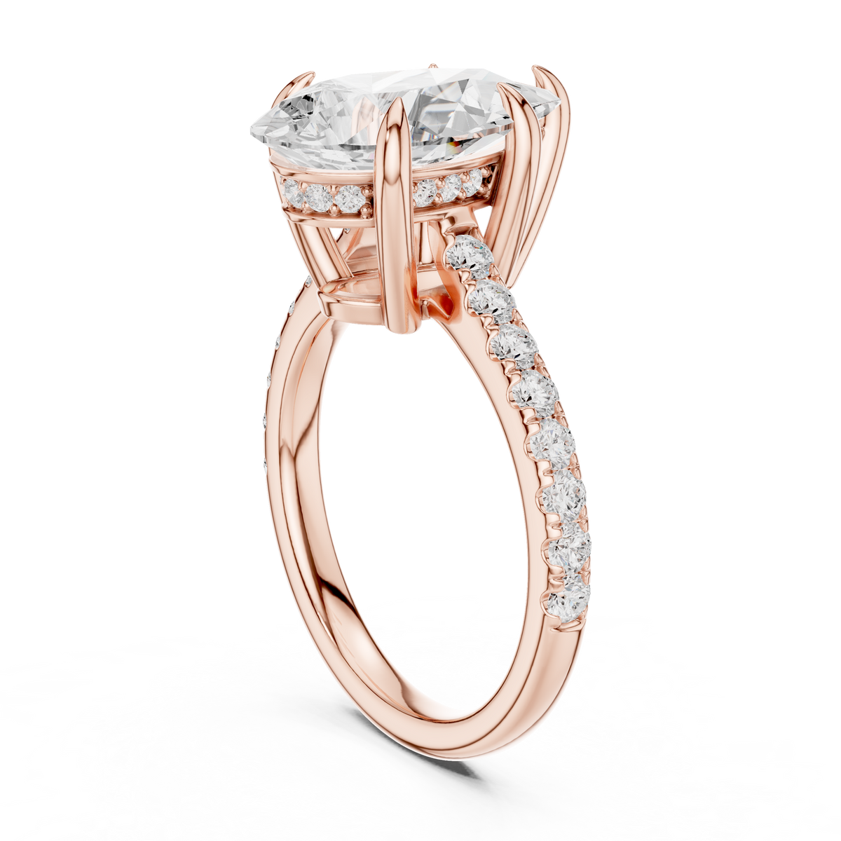 Pear Cut Lab-Grown Diamond Proposal Ring with Hidden Halo and Pavé Band, Rose Gold