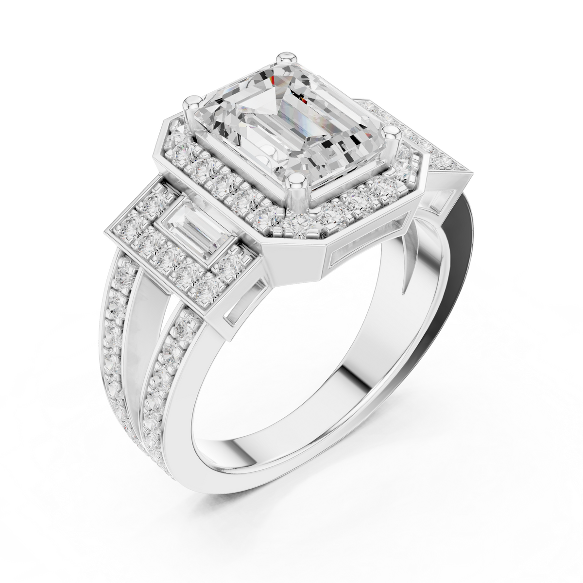 2.50 CT Emerald Cut Lab-Grown Diamond 3 Stone Ring with Baguette & Pavé Accents, White Gold