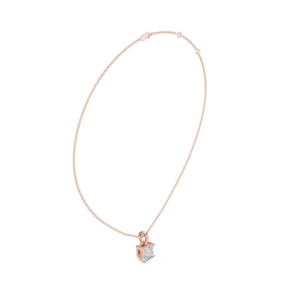 Asscher Cut Lab Grown Diamond Solitaire Pendant with Diamond Bail Necklace, Rose Gold