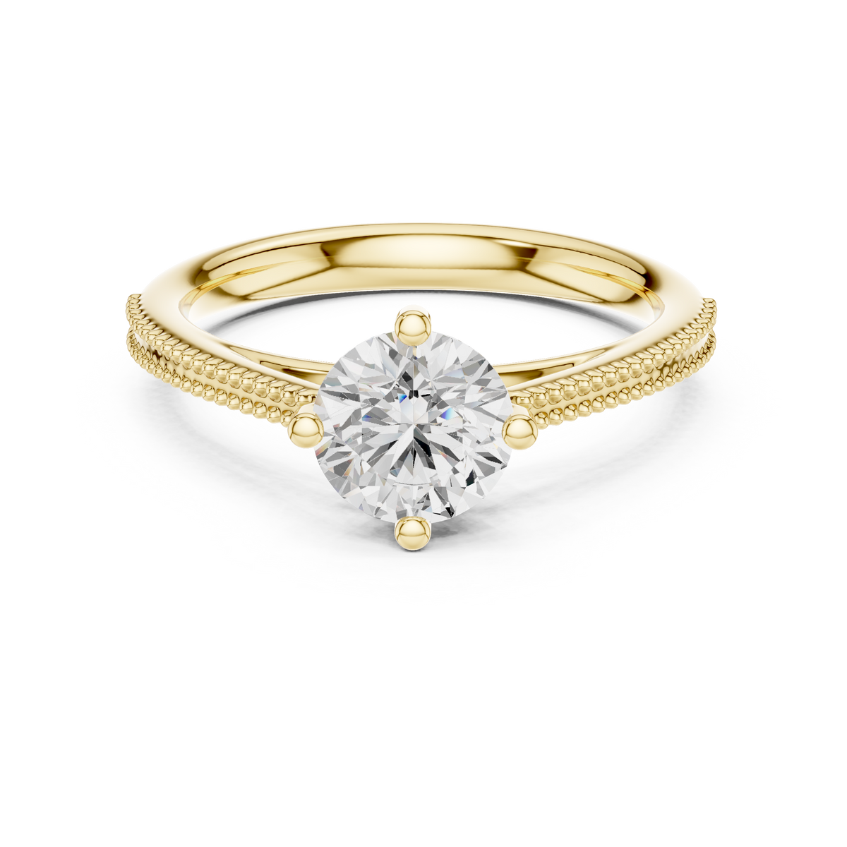 Beaded Band Solitaire Round Lab Grown Diamond Ring, Yellow Gold