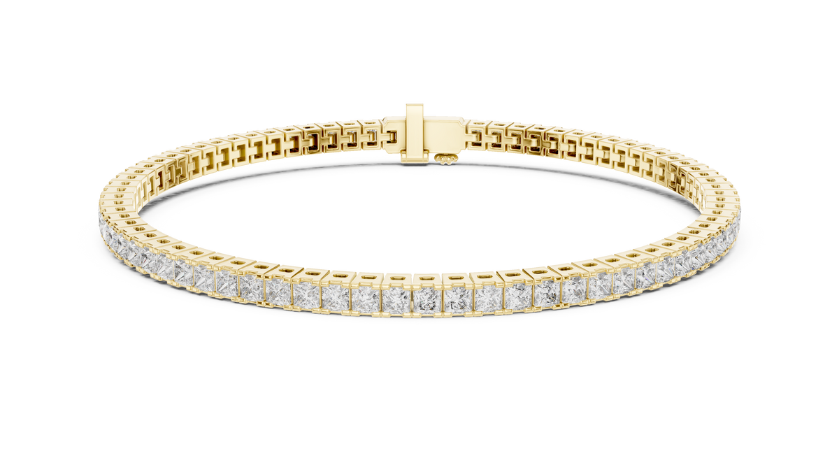 IGI Certified Princess Cut Lab Grown Diamond Tennis Bracelet, Yellow Gold