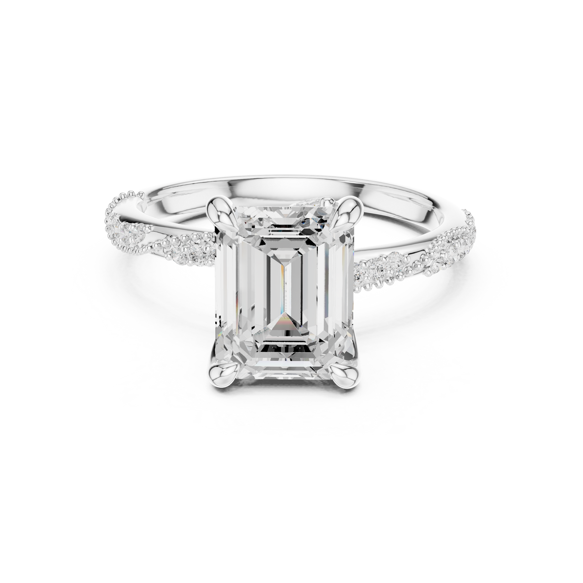 Emerald Cut Lab-Grown Diamond Engagement Ring with Marquise and Pavé Accent Band, White Gold