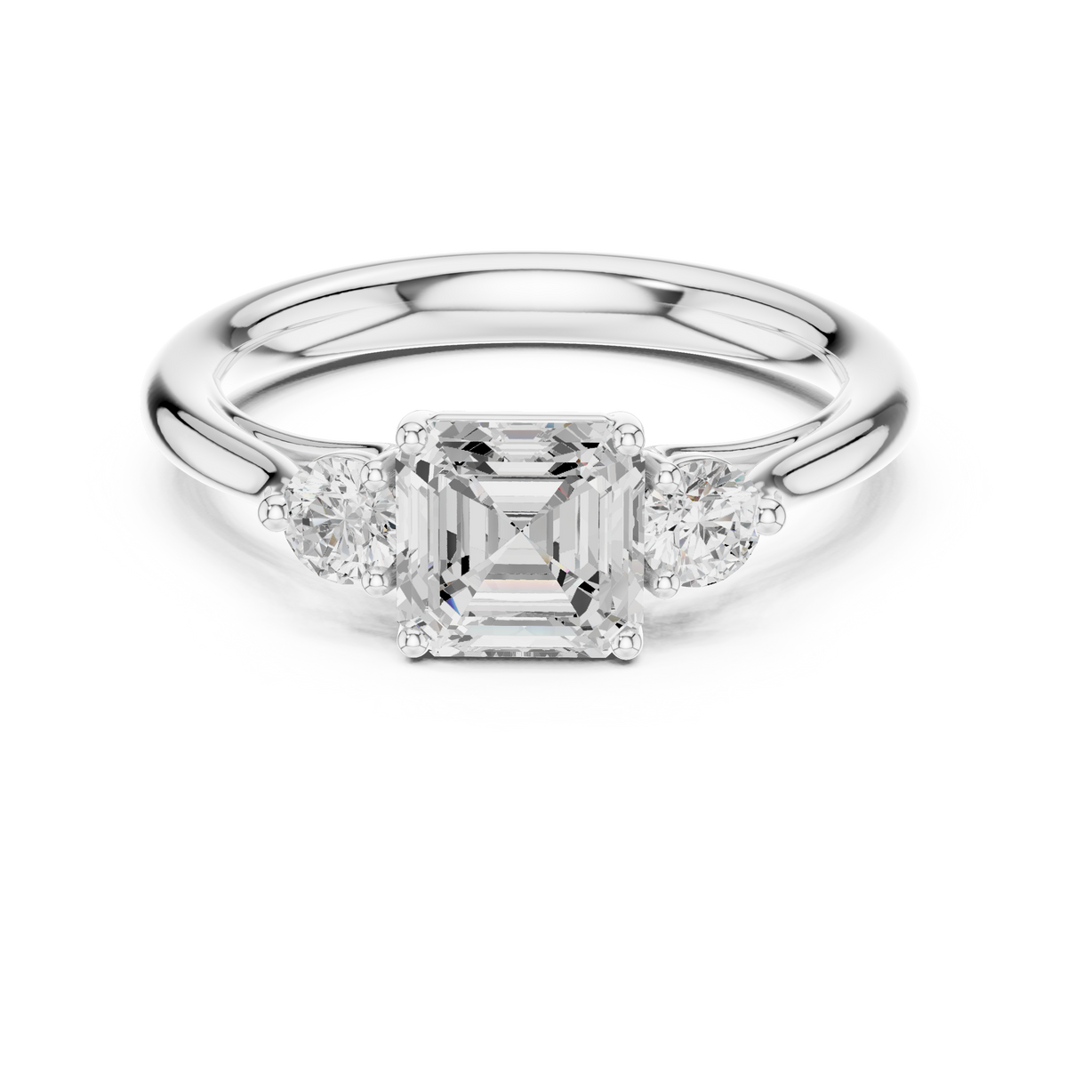 IGI Certified Asscher Cut Lab Grown Diamond Three Stone Ring, White Gold