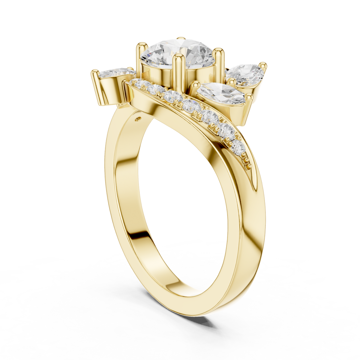 1.00 CT Round Cut Lab Grown Diamond Ring with Marquise Floral Halo & Pavé Band, Yellow Gold