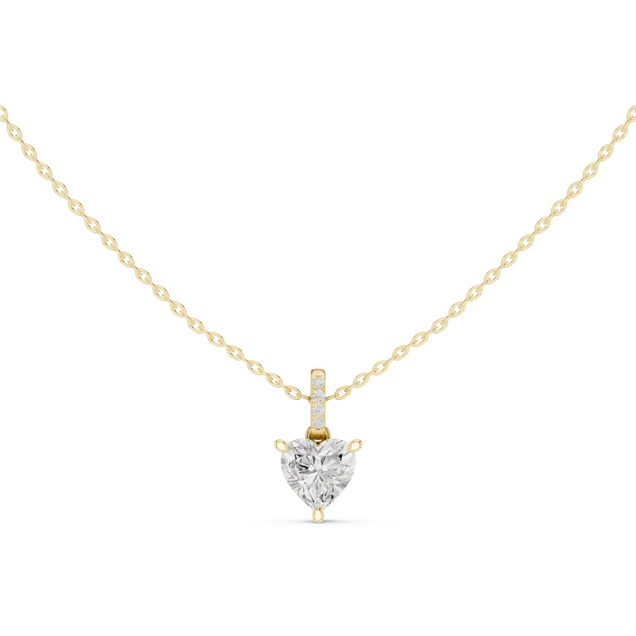 Heart Cut Lab Grown Diamond Solitaire Pendant with Diamond Bail Necklace, Yellow Gold