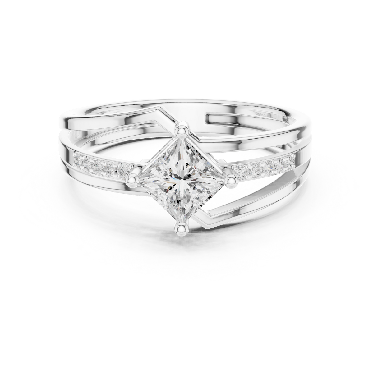 Princess Cut Lab Grown Diamond Solitaire Ring with Round Diamond Accents, White Gold