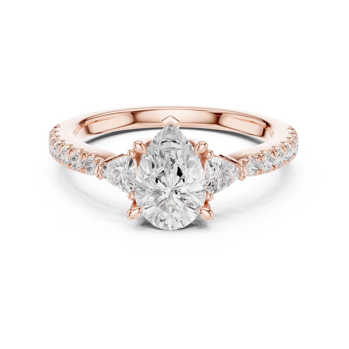 1.5 CT Pear Cut Lab Grown Diamond Three Stone Ring, Rose Gold