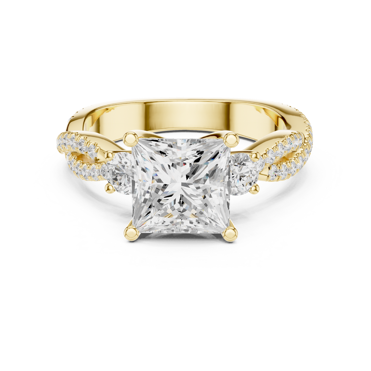 Princess Cut Lab-Grown Diamond 3 Stone Proposal Ring with Twisted Pavé Band, Yellow Gold