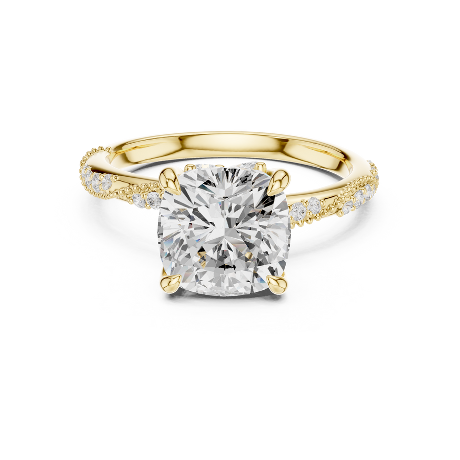 Cushion Cut Hidden Halo Lab Grown Diamond Ring, Yellow Gold