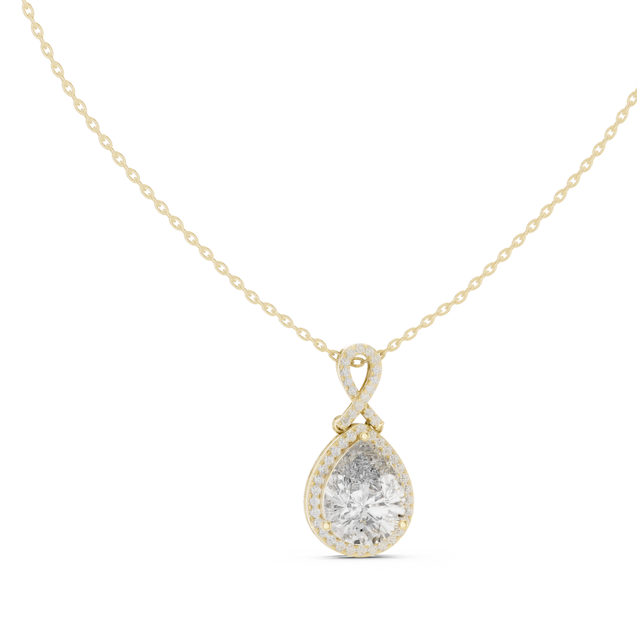 4 Carat Pear Lab Grown Diamond Halo Pendant, Yellow Gold