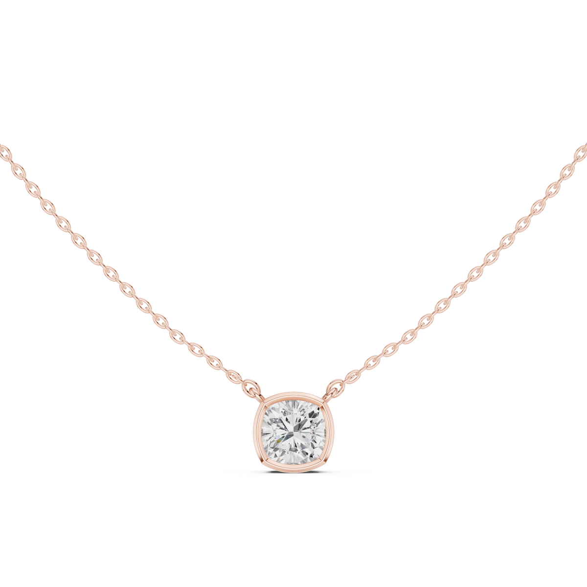 Cushion Cut Bezel Lab Grown Diamond Solitaire Pendant, Rose Gold