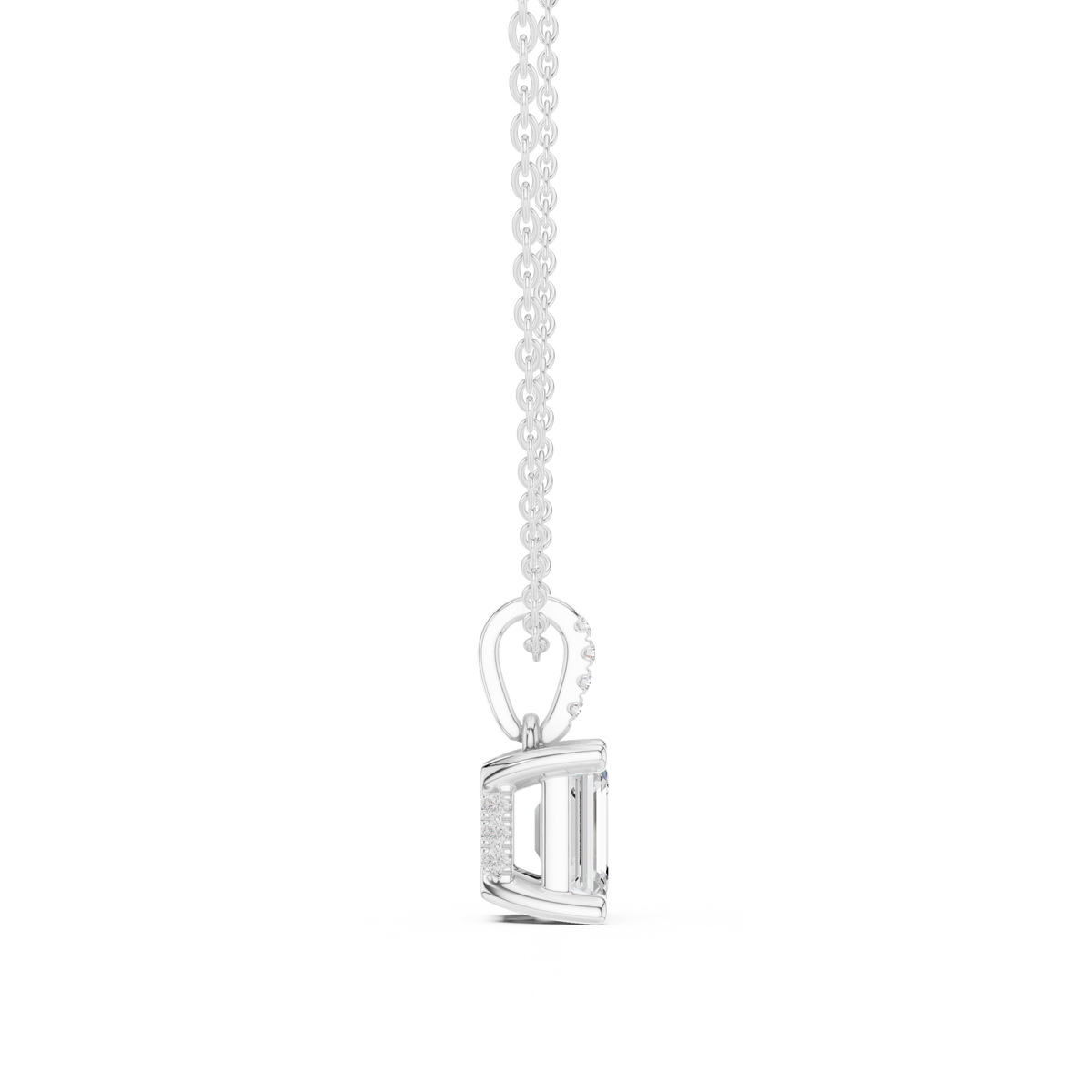Emerald Cut Lab Grown Diamond Solitaire Pendant with Diamond Bail Necklace, White Gold