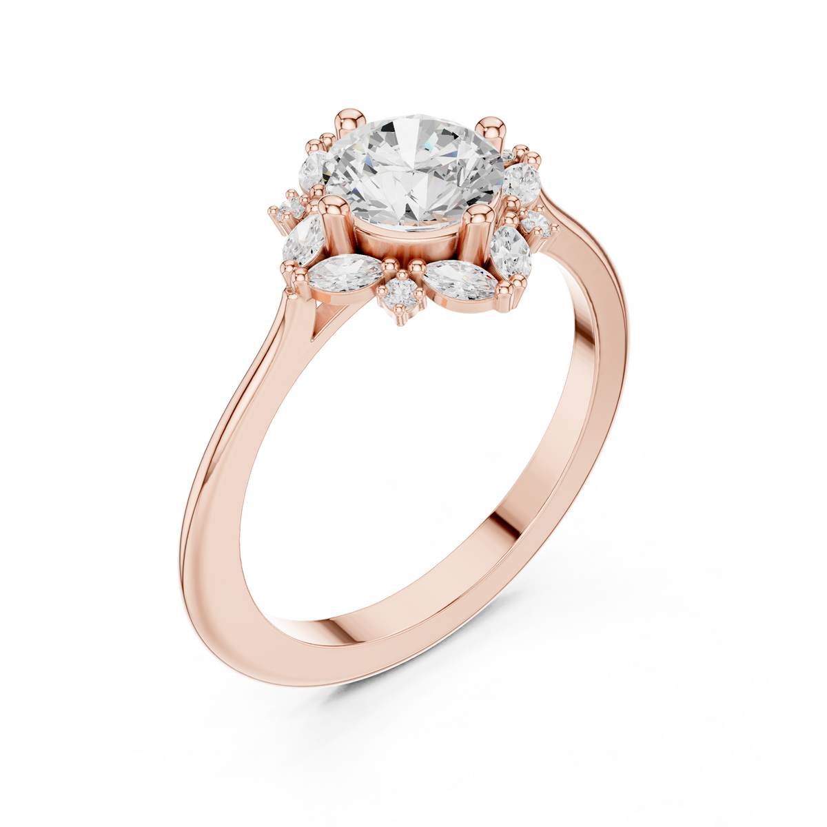 1.00 Carat Round Cut Lab Grown Diamond Marquise Floral Halo Ring, Rose Gold