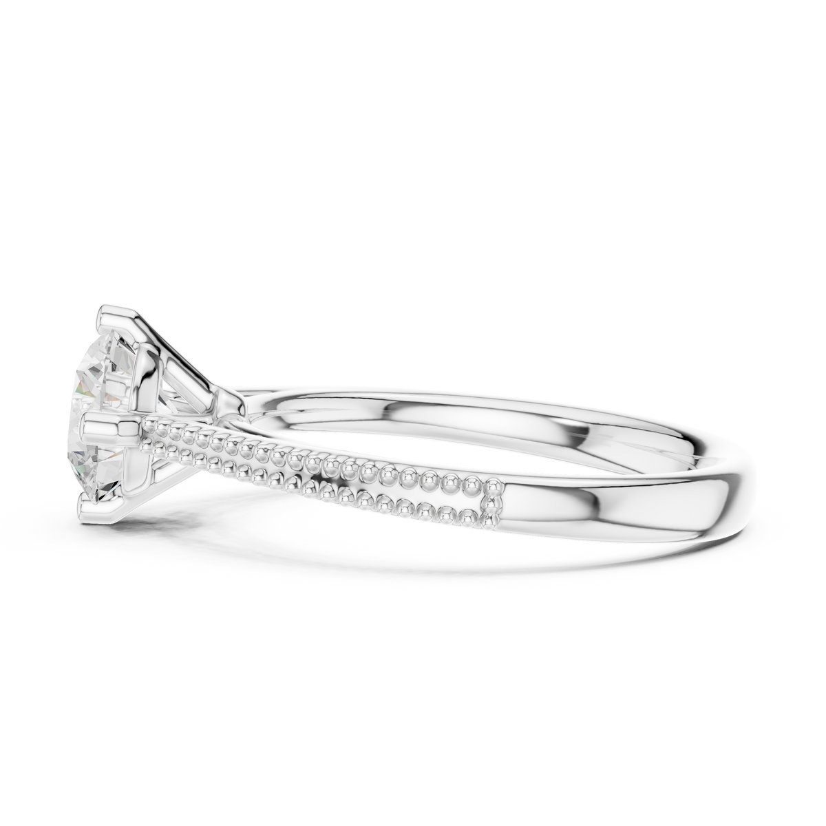 Beaded Band Solitaire Round Lab Grown Diamond Ring, White Gold