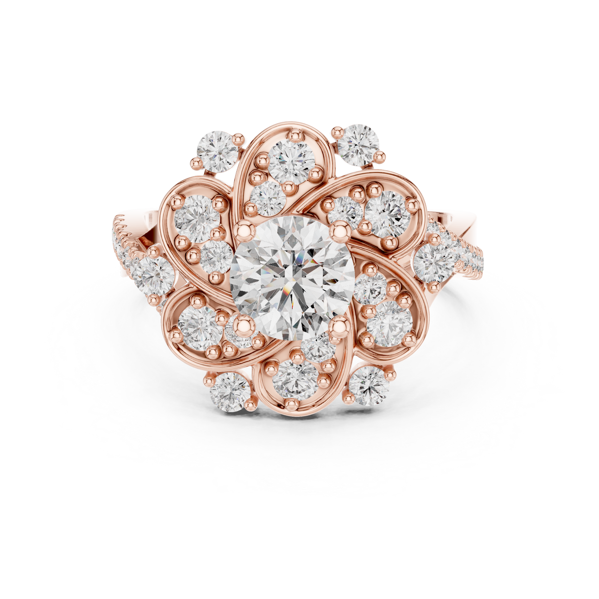 Lab Grown Diamond Floral Cluster Ring – 1.65 CT Round Cut, Rose Gold
