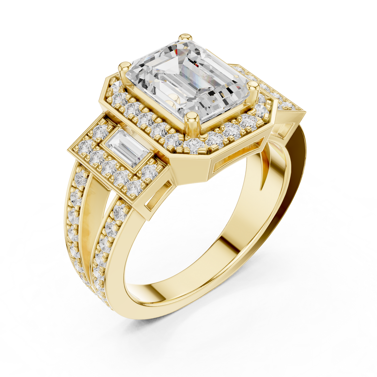 2.50 CT Emerald Cut Lab-Grown Diamond 3 Stone Ring with Baguette & Pavé Accents, Yellow Gold