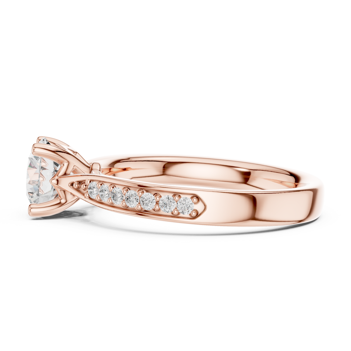 Solitaire Round Lab Grown Diamond Pavé Shoulder Ring, Rose Gold
