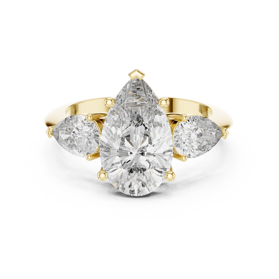 4 CT Pear Cut 3 Stone Diamond Ring with Pear Side Stones, Yellow Gold
