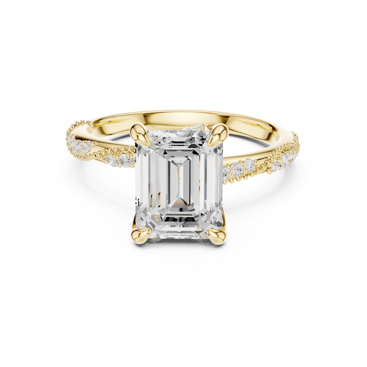 Emerald Cut Lab-Grown Diamond Engagement Ring with Marquise and Pavé Accent Band, Yellow Gold