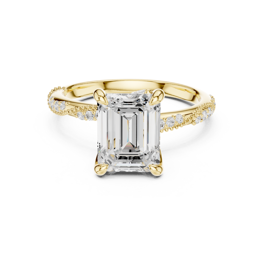 Emerald Cut Lab-Grown Diamond Engagement Ring with Marquise and Pavé Accent Band, Yellow Gold