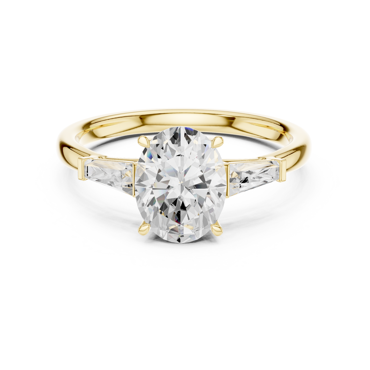 Oval Cut Lab-Grown Diamond Three Stone Anniversary Ring, Yellow Gold