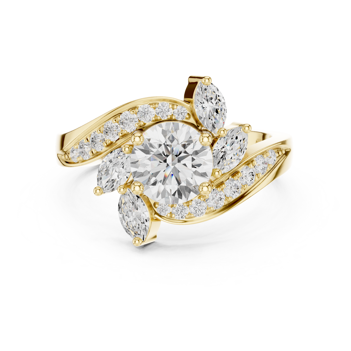 1.00 CT Round Cut Lab Grown Diamond Ring with Marquise Floral Halo & Pavé Band, Yellow Gold