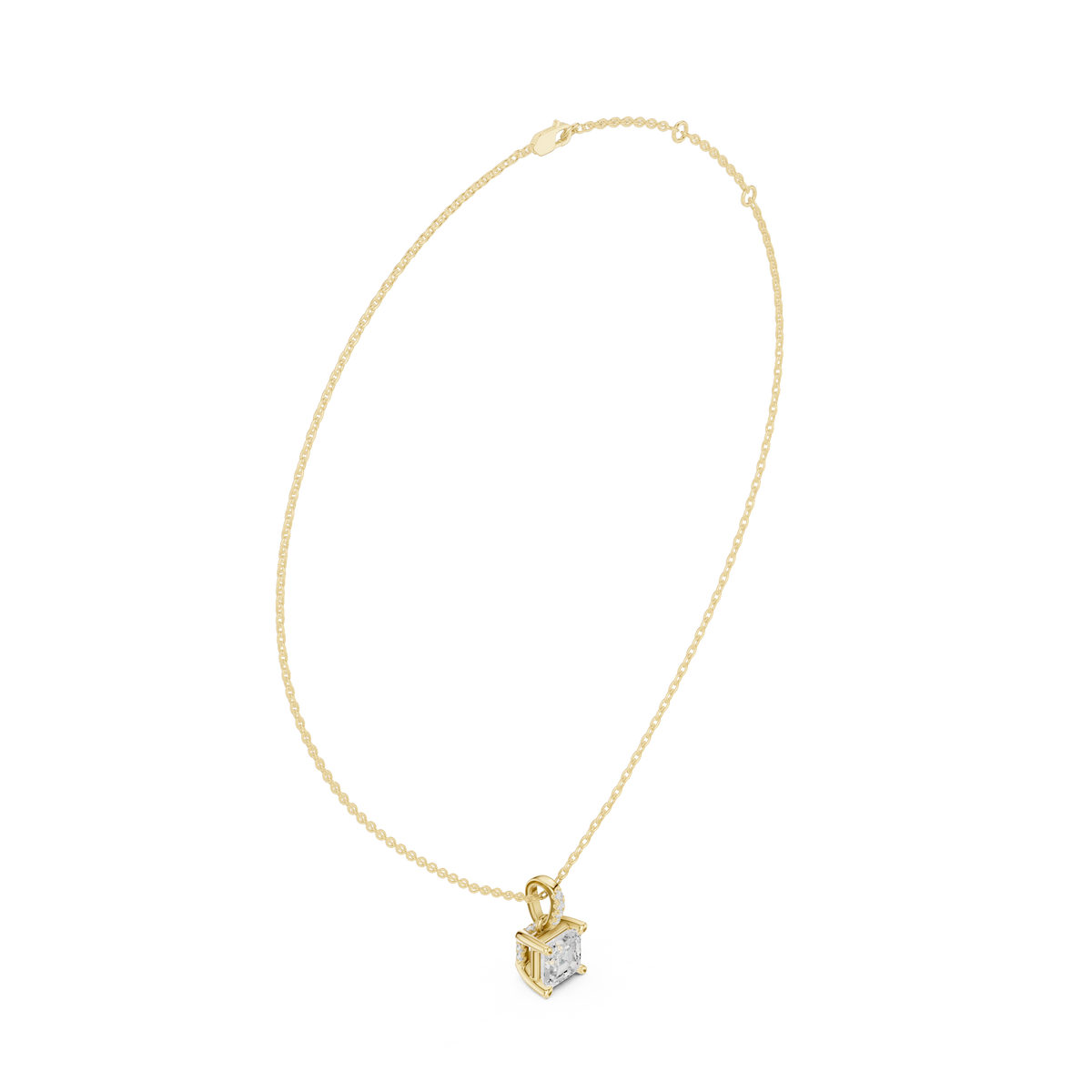 Asscher Cut Lab Grown Diamond Solitaire Pendant with Diamond Bail Necklace, Yellow Gold