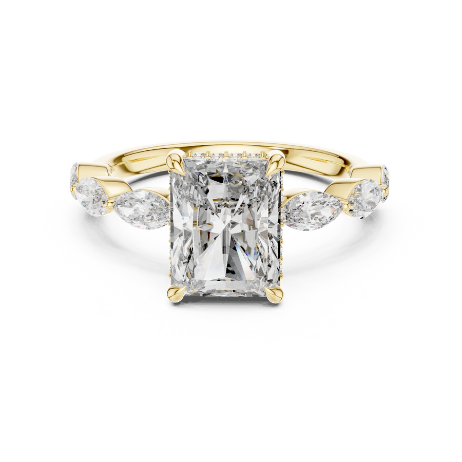 Radiant Cut Lab Grown Diamond Ring with Marquise & Round Diamond Accents, Yellow Gold
