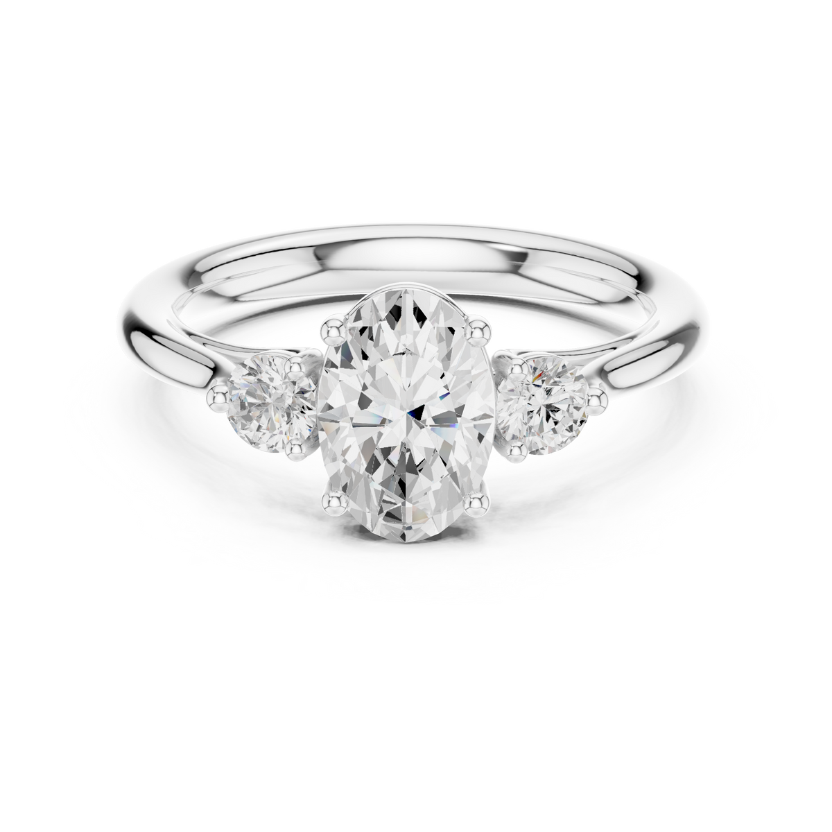 Oval Cut Lab Grown Diamond Three Stone Ring with Round Side Stones, White Gold