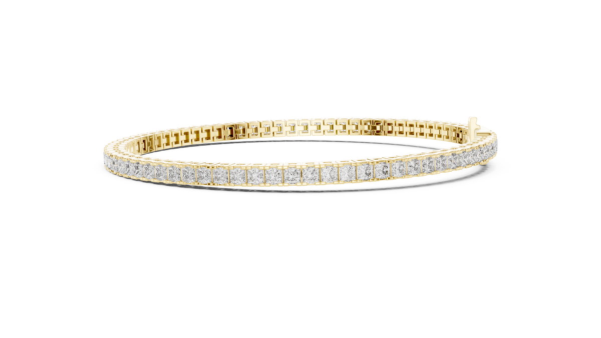 IGI Certified Princess Cut Lab Grown Diamond Tennis Bracelet, Yellow Gold
