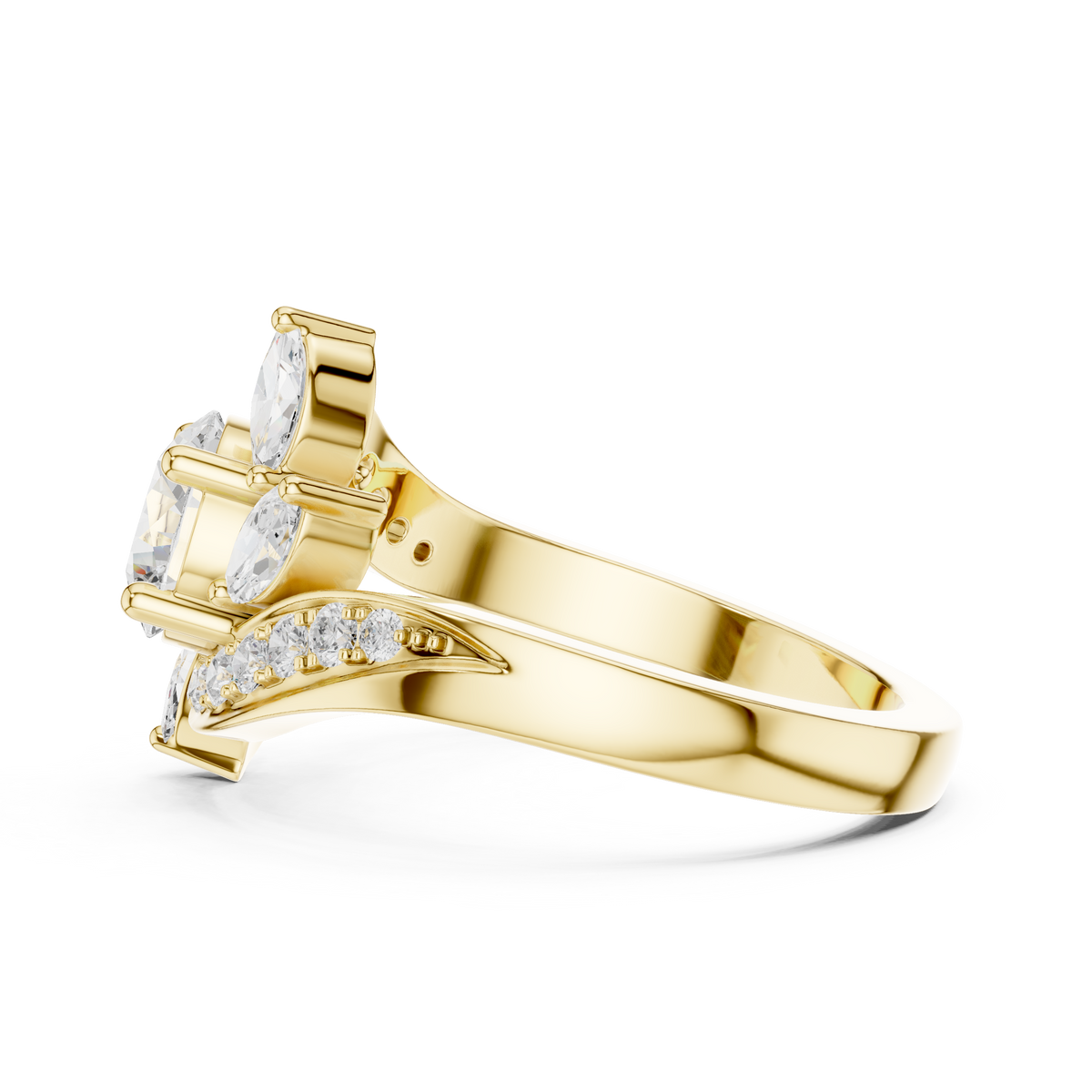 1.00 CT Round Cut Lab Grown Diamond Ring with Marquise Floral Halo & Pavé Band, Yellow Gold