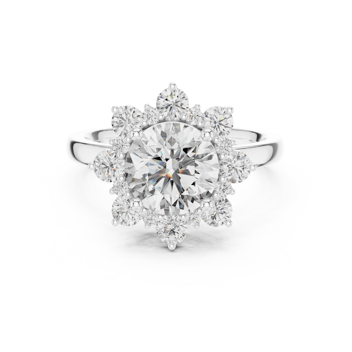 Round Cut Lab Grown Diamond Floral Halo Ring with Diamond Accents, White Gold