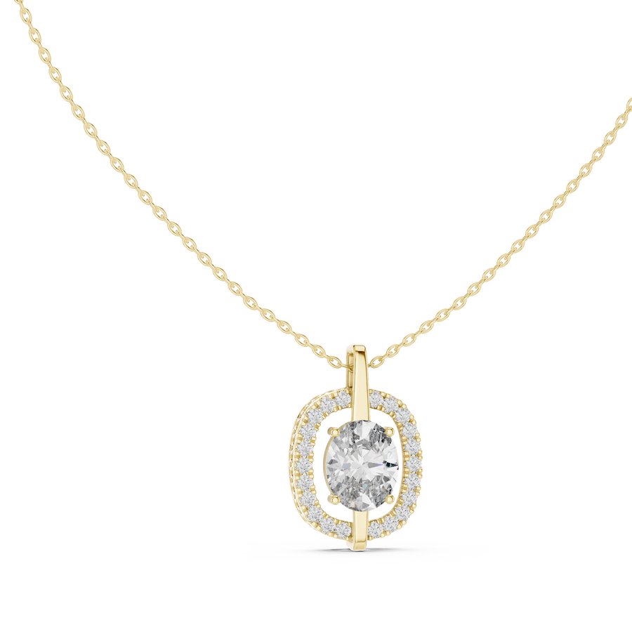 2 Carat Oval Halo Lab Grown Diamond Solitaire Pendant, Yellow Gold