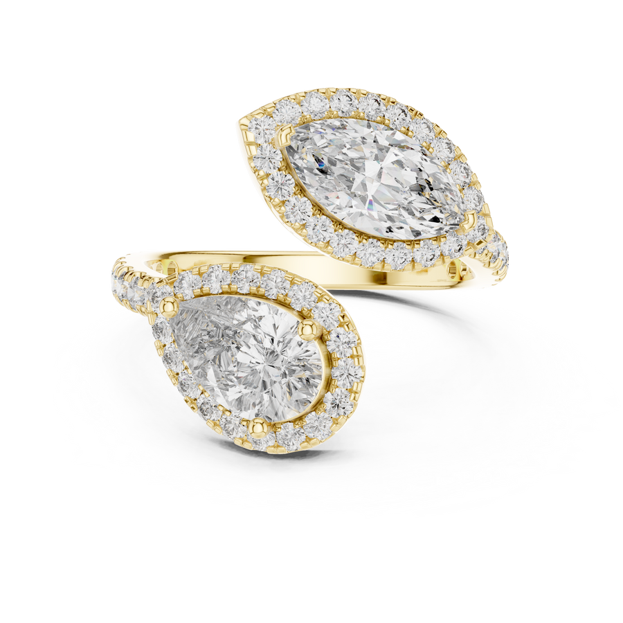 Pear and Marquise Cut Lab Grown Diamond Toi et Moi Ring with Diamond Halo, Yellow Gold