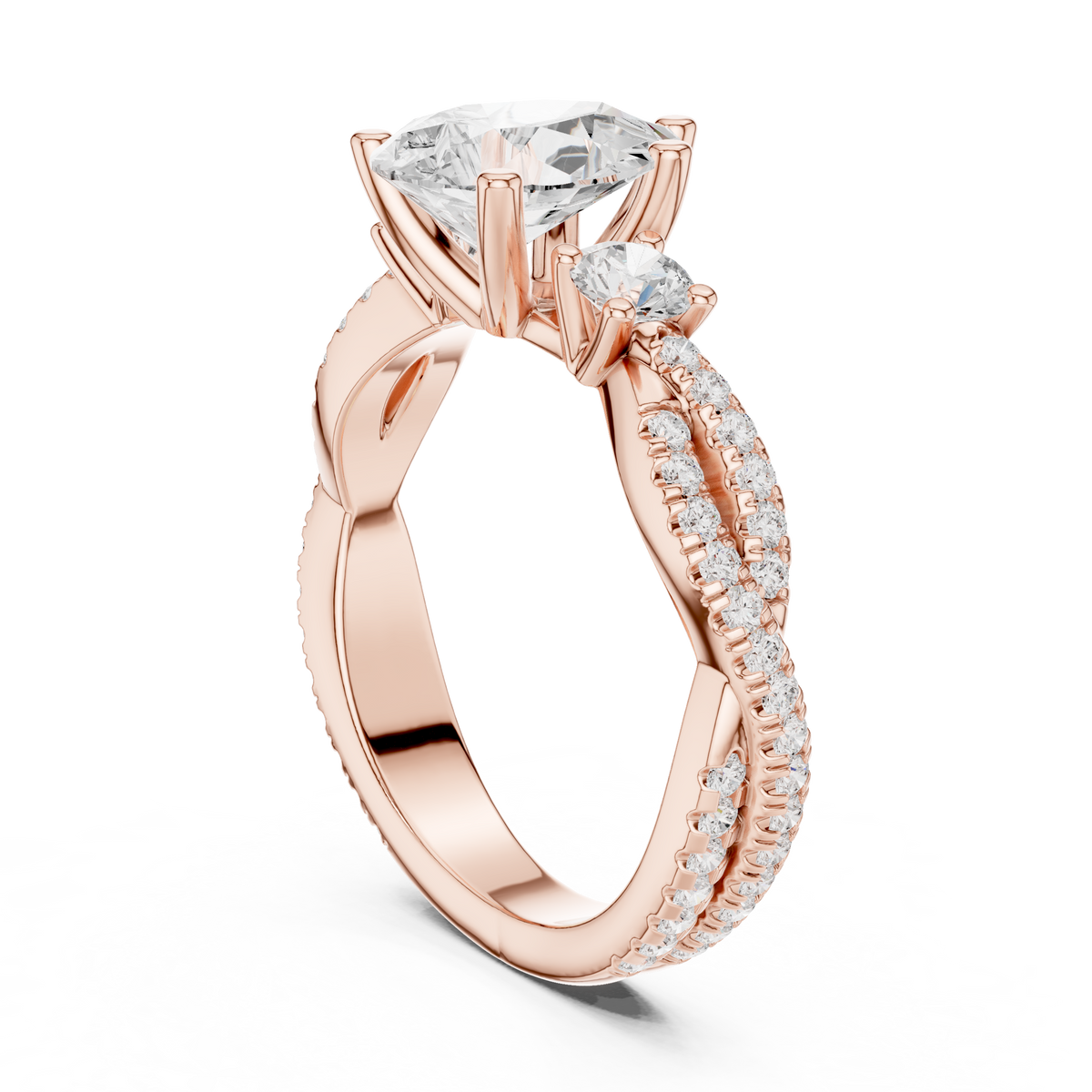 Pear Cut Lab-Grown Diamond 3 Stone Proposal Ring with Twisted Pavé Band, Rose Gold