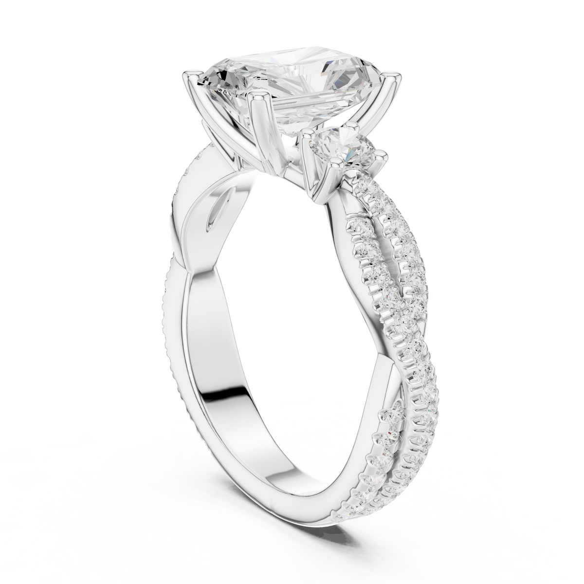 Radiant Cut Lab-Grown Diamond 3 Stone Proposal Ring with Twisted Pavé Band, White Gold